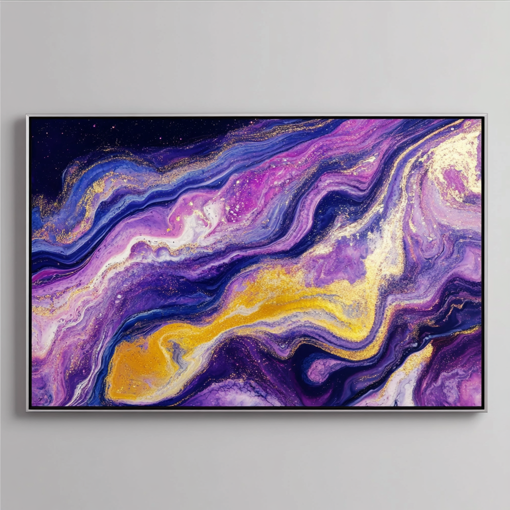 Fopax Modern Abstract Canvas Wall Art - "Liquid Horizon" Fluid Motion Print - Large Framed Wall Decor for Living Room & Office - Indigo & Gold